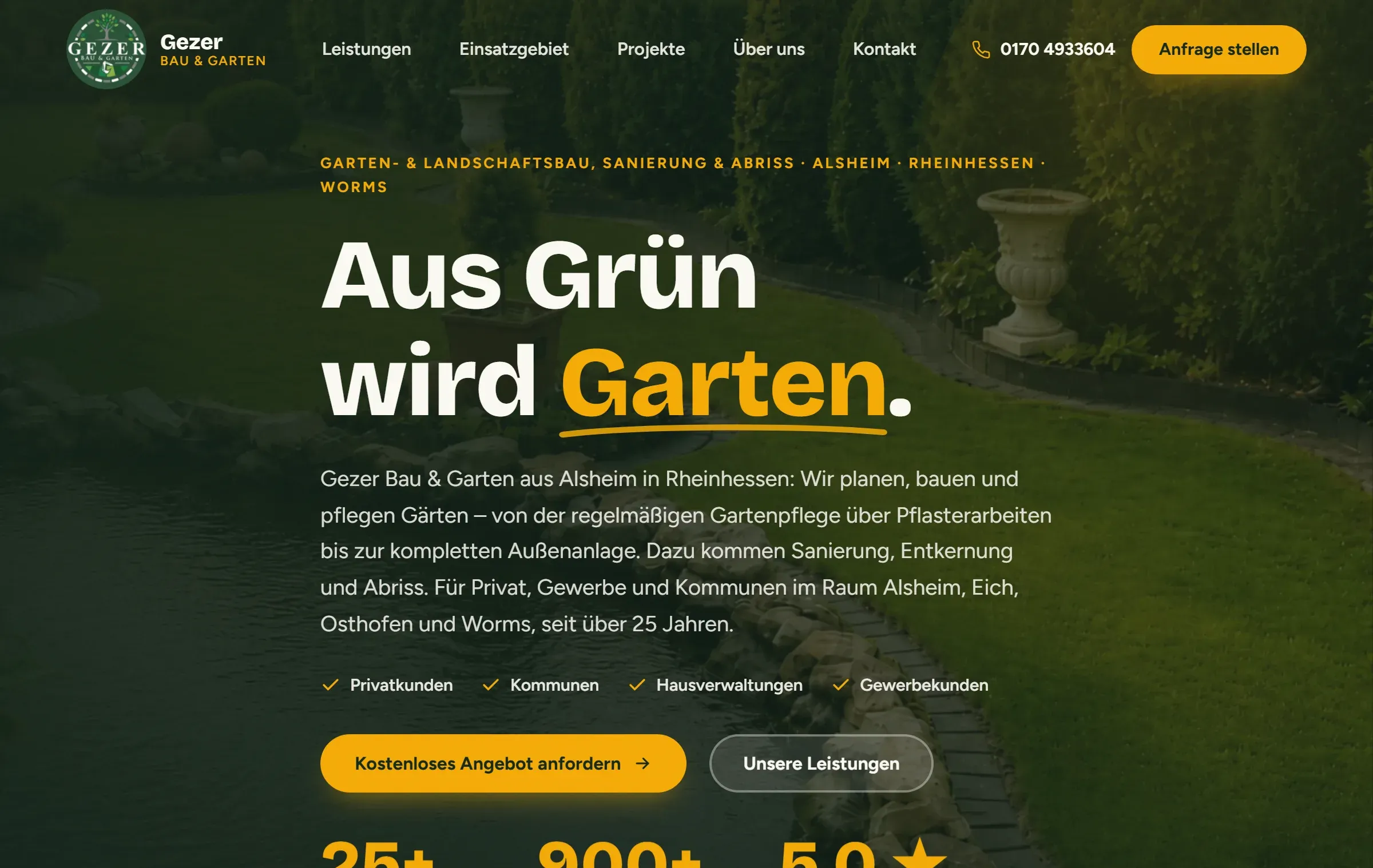 Komplette Startseite der von Geldi Software gebauten Website Gezer Bau & Garten