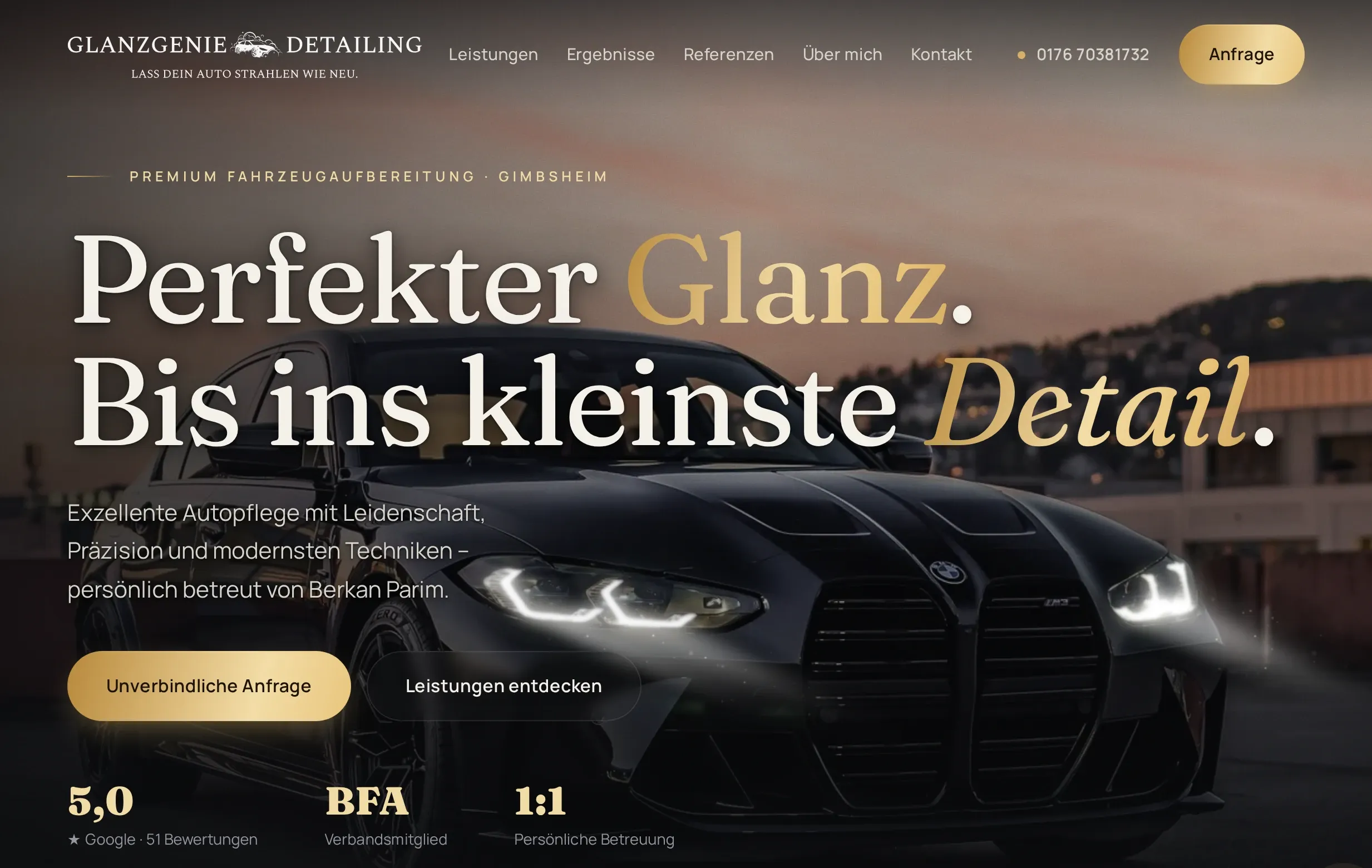 Komplette Startseite der von Geldi Software gebauten Website Glanzgenie Detailing