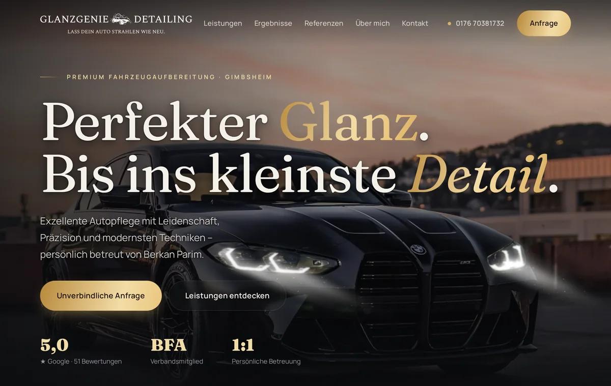 Startseite der von Geldi Software gebauten Website Glanzgenie Detailing